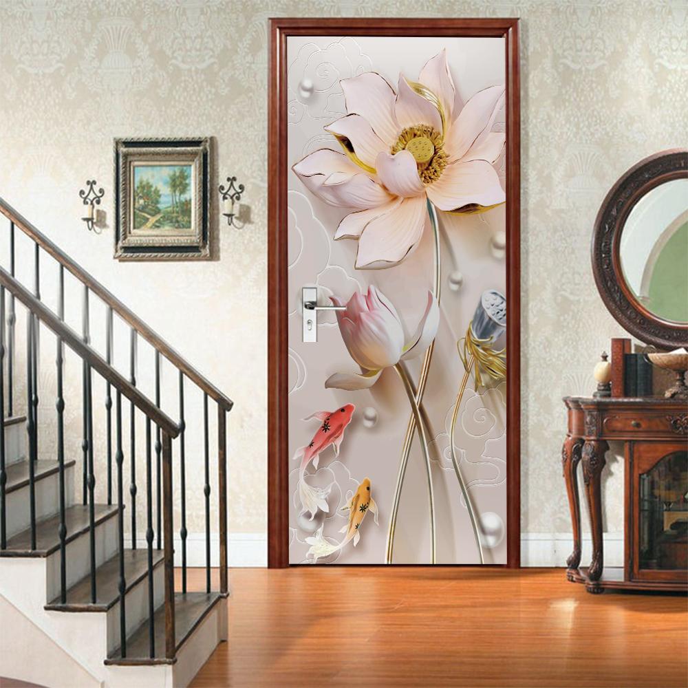 3D Door Mural Sticker Peel and Stick Door Wallpaper Golden Buddha Castle Moon Mermaid Flower Home Decor Removable
