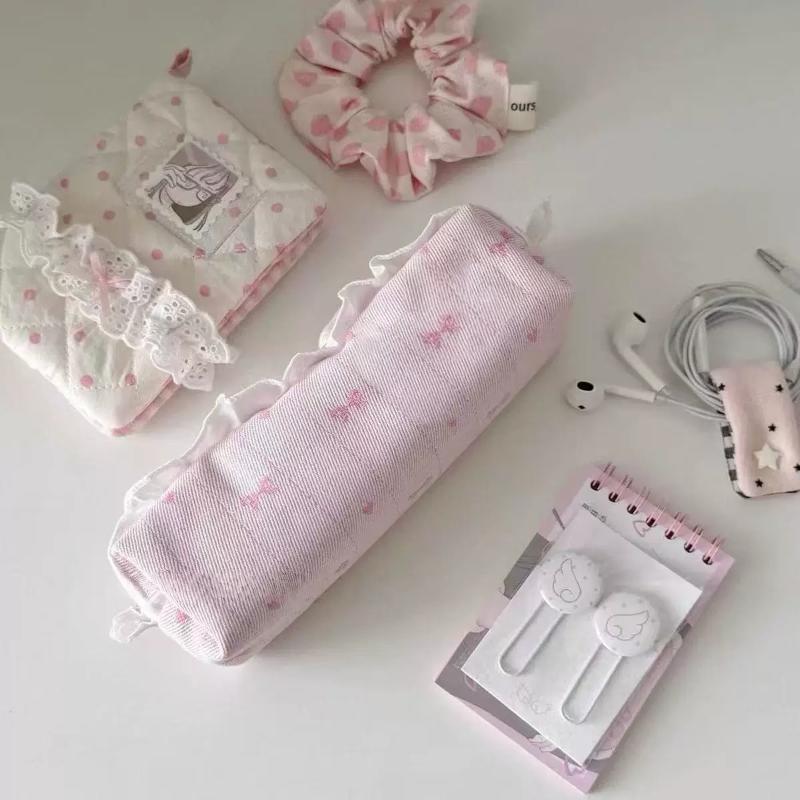 Cute Girl Lace Pencil Case High Capacity Bow Stationery Storage Bag Ballet Style Makeup Bag Girl Gift