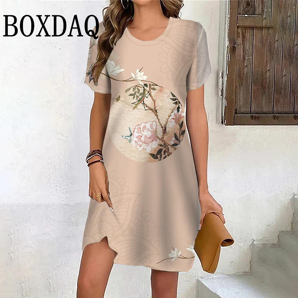 New 2024 Summer Vintage Flower Dresses For Women Pullover Short Sleeve Loose Plus Size Dress Casual Print Mini Sundress Vestidos