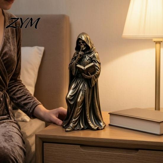 Haunted Bedroom Display Gothic Hooded Reaper Reading Book Resin Statue, Mystical Wizard Skull Figurine Horror Themed Bookshelf Ornament Desktop Decor,