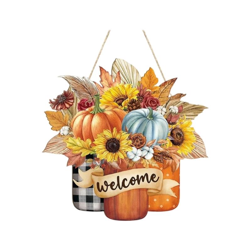 Fall Door Sign Wooden Autumn Pumpkins Door Hangers Maple Wall Decors for Outdoor Porch Wall Fall Harvest Hanging Decorations