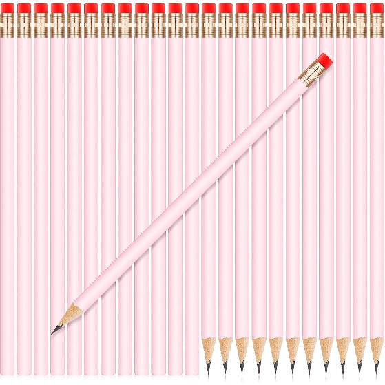 Outus 48 Pcs Pink Pencils Round Wooden 2 HB Pencils with Red Eraser Unsharpened Pencil Cute Pens for School Drawing Sketching Wedding Office Supplies