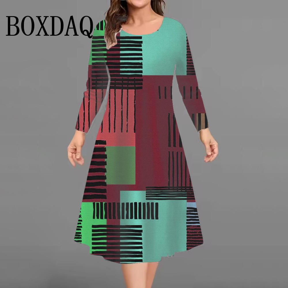 Womens Plus Size Geometry Striped Print Dresses Autumn Casual Long Sleeve A-Line Dresses Oversized Loose Female Clothing