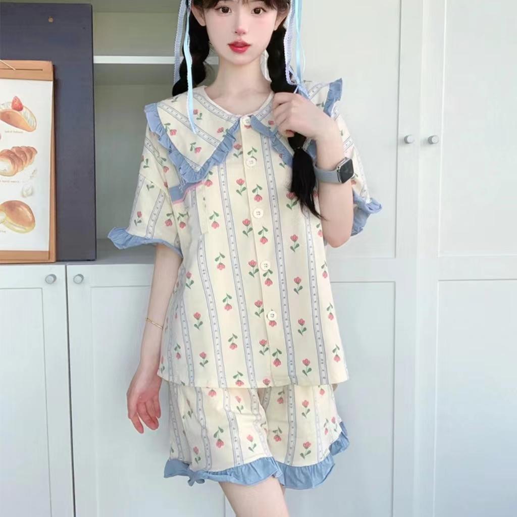 

Милая пижама в стиле принцессы, женская летняя милая мультяшная интернет-знаменитость, с коротким рукавом, женская студенческая домашняя одежда M синий