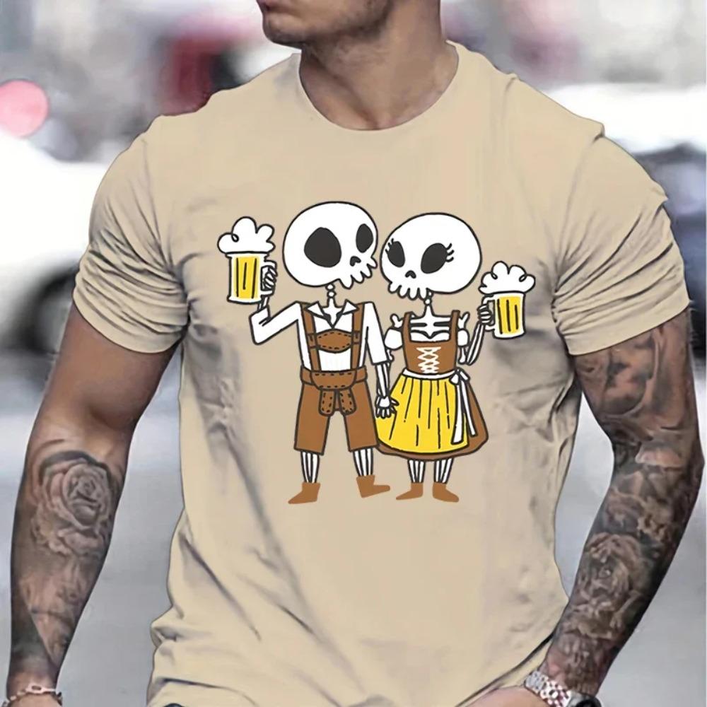 Skeleton Couple Drinking Beer Print T-shirts Beer Lover Essential Summer Clothes Skull Cheers Beers Print Fashion Mens T-shirt