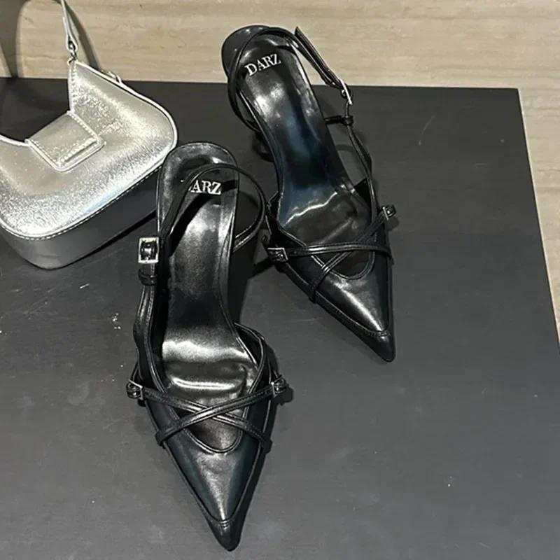 

2024 Summer Brand Women Sandal Fashion Pointed Toe Shallow Slip On Slingback Shoes Thin High Dress Pumps Woman zapatos de mujer 35 чорний