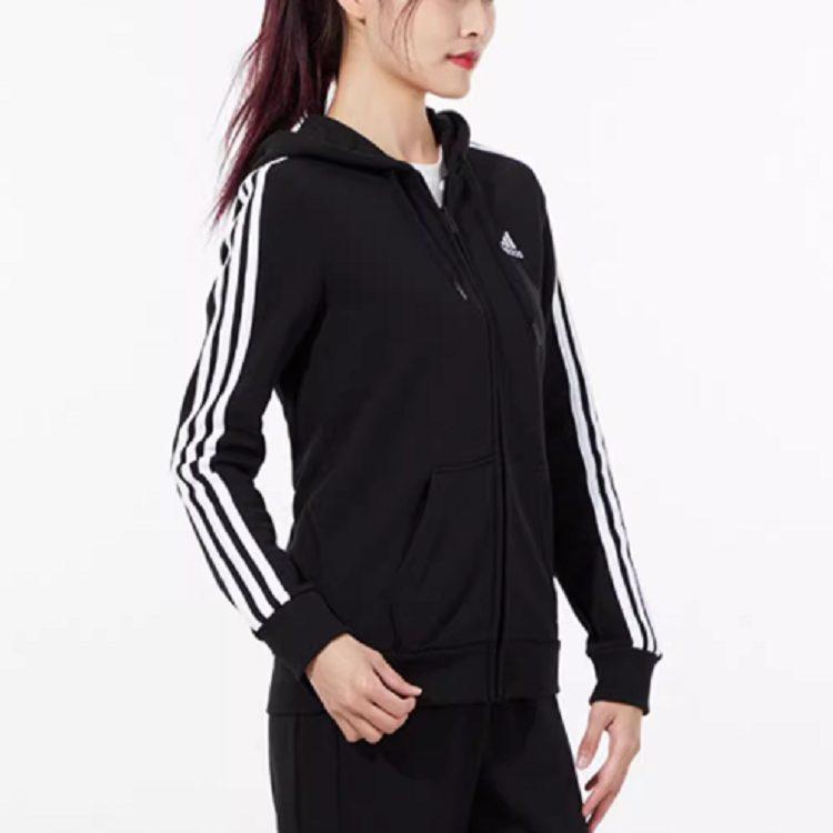 Adidas Side Stripes Sports Knitted Fabric Fleece Lined Hood Jacket Winter Women's Black GM5567