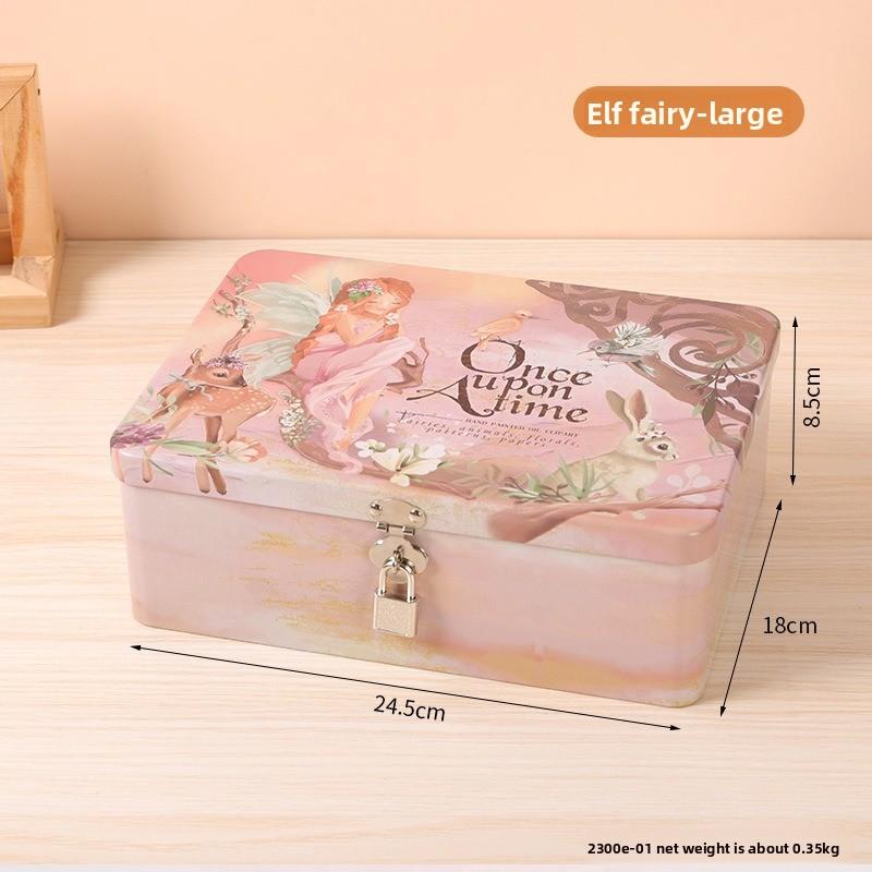 Retro Tinplate Box with Lock Key, Desktop Storage Box, Cosmetics, ID Storage, Household Jewelry Empty Box.