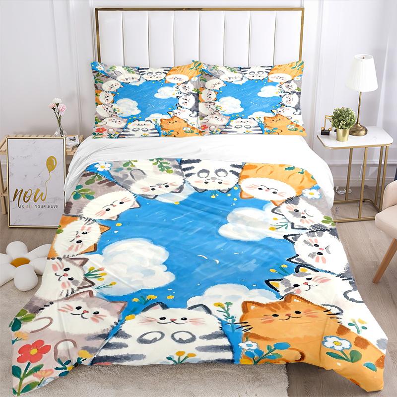 3pcs Sunny Days and Cats Quilt Cover Set - Soft & Comfortable Polyester Fabric, All-Season Breathable Comforter Set For 1 Quilt Cover & 2 Pillowc