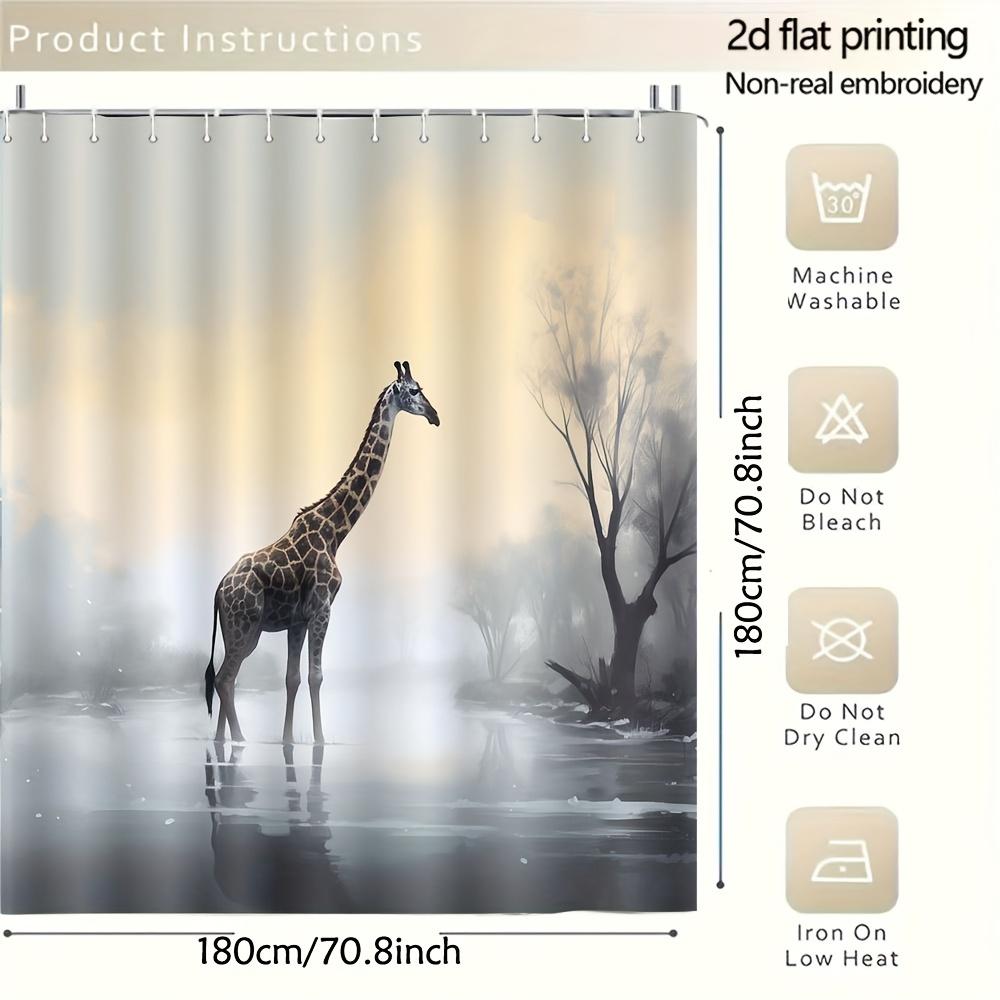 Giraffe In Misty Lake Digital Art Shower Curtain With 12 Hooks For Bathroom Home Decor Polyester 2D Flat Print 70.8X70.8 Inch