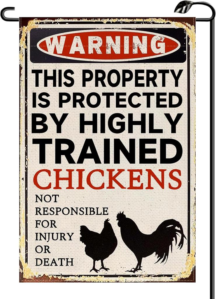 Funny Chicken "Warning: Property Protected by Chickens" Garden Ag 12x18 Inch Double Sided Chicken Coop Small Ags XKK