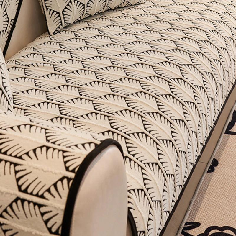 Chenille Blätter Sofabezug Jacquard Rutschfeste Sofakissen für Wohnzimmer L-förmig Universelle Couchtuchbezüge Heimdeko