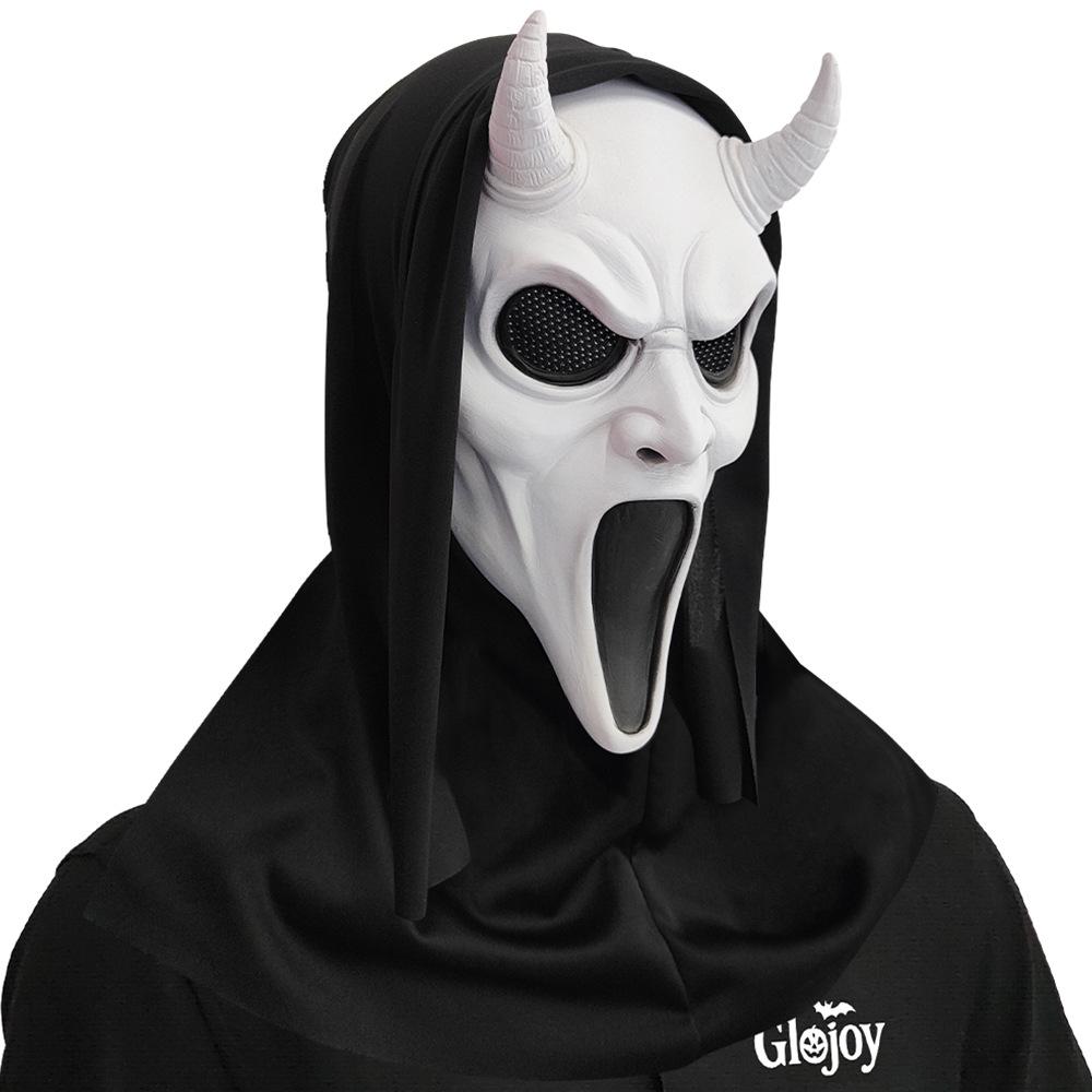 Double Horns Screaming Horror Mask Masquerade Skull Ghost Face Headgear Halloween Party Prank Props