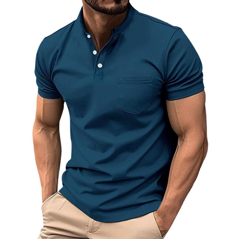 Spring and Summer New Men s Stand Collar Casual Fashion Versatile Short Sleeves S синий