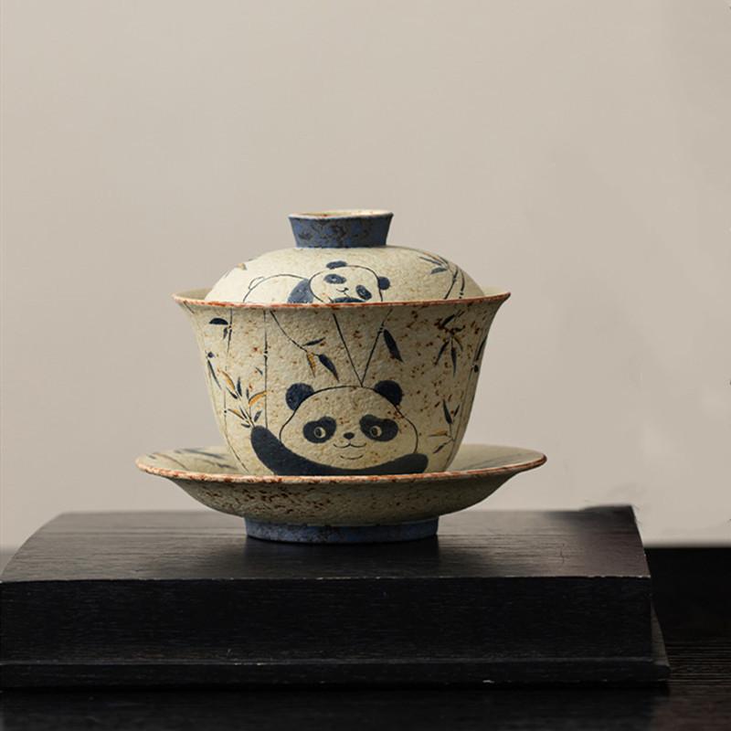 

110ml Chinese Ceramic Gaiwan Handmade Panda Bamboo Leaf Tea Tureen Travel Portable Tea Bowl Household Teaware Accessories 10.5x8cm 110ml