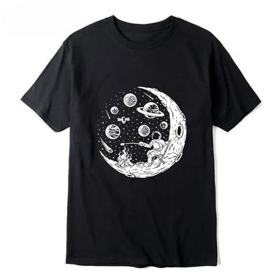 Summer Cotton Men's T-shirt, Casual Loose Shirt, Fun Astronaut Print, Moon, Barbecue Crew Neck High Quality