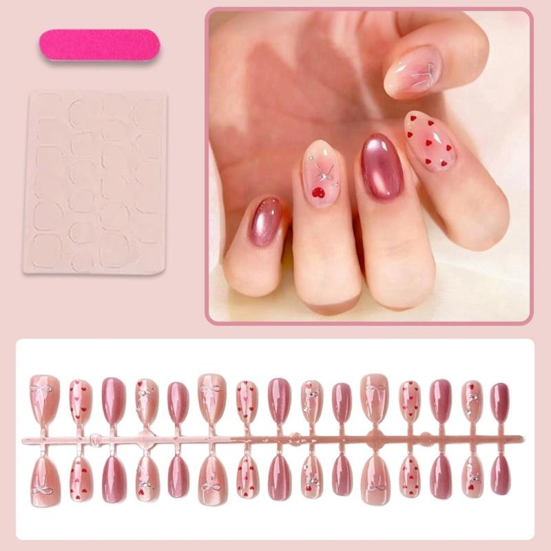 30Pcs Rhinestones Bows Press On Nail Short Almond Shape With Metallic Cats Eye Effect