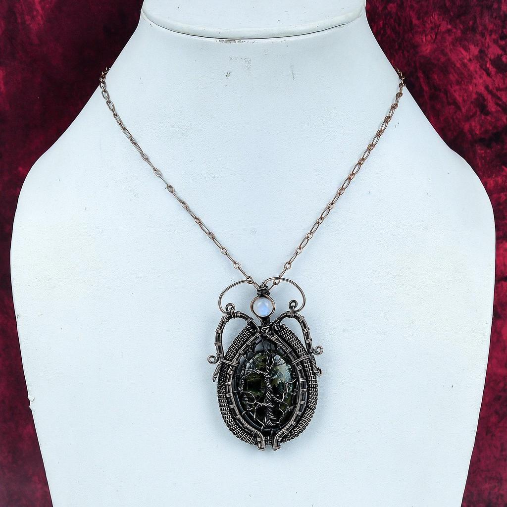 Tree Of Life Copper Seraphinite Pendant Copper Wire Wrapped Gemstone Pendant Rainbow Moonstone Jewelry