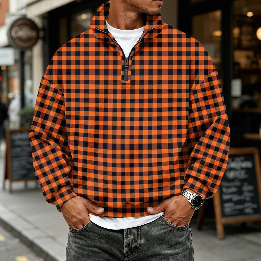 Men's Casual Flannel Long Sleeve Sweatshirt with 1/4 Zip Neck and Plaid Print