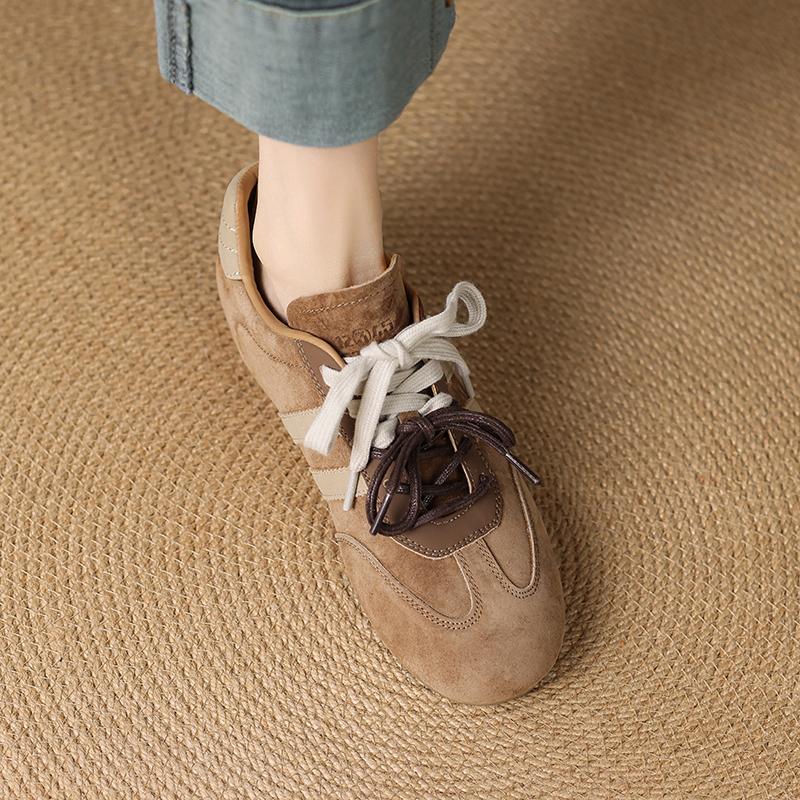 Fashion Women's Sneakers 2025 New Genuine Leather Ladies Moral Training Shoes Casual Spring Flat Shoes Women Lace-up Round Toe Pumps