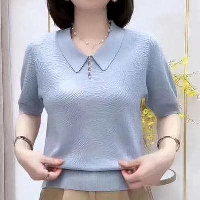 Temperament Summer Women's Lapel Solid Jacquard Weave Embroidered Flares Fashion Office Lady Short Sleeve Knitted T-shirt Top