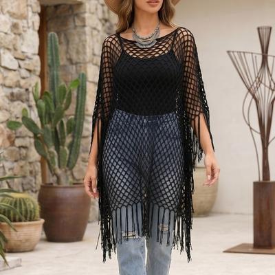 Loose Fit Sunscreen Cover-up Tassel Fishnet Swimsuit Cover Up Solid Color Bohemian Shawl  Lady