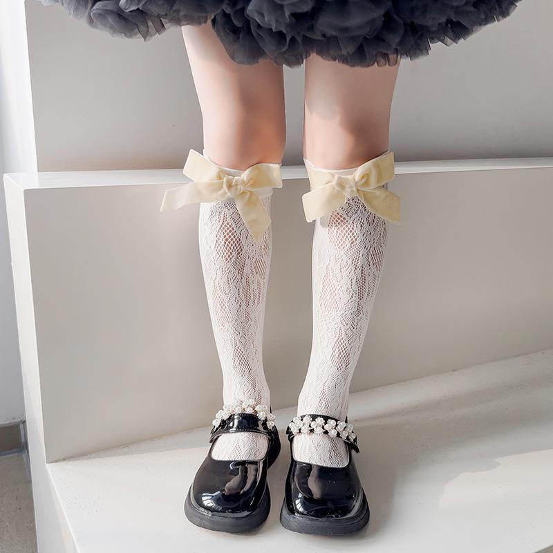 Children's Socks Summer Lolita Wooden Ear Mesh Ribbon Large Bow Mid-tube Socks for Girls