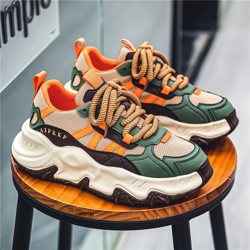 Fashion Chunky Sneakers Men Soft Sole Running Shoes Fashion Casual Leather Color Block Design Breathable Height Increased Platform Shoes