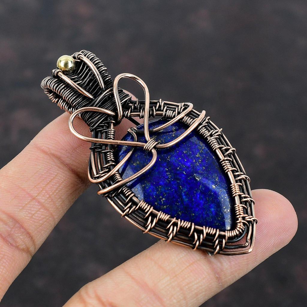 Lapis Lazuli Réz Medál Drótozott Medál Lapis Lazuli Ékszer Kézzel Készített Medál Réz Drótozott Ékszer Drágakő Medál Ajándékba