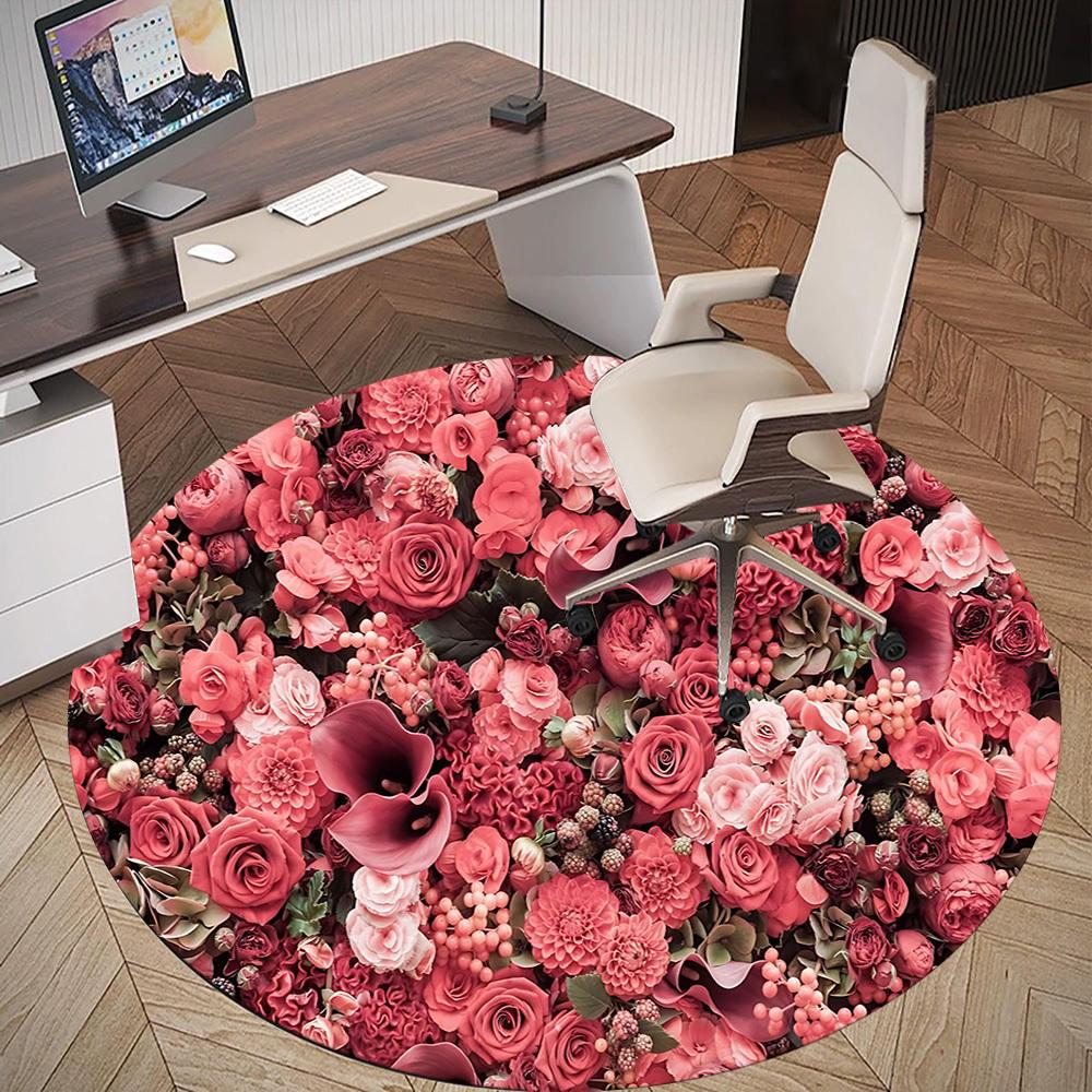 1pc Floral Pattern Round Chair Mat Area Rug - Non-Slip, Floor Mat for Office, Bedroom, and Indoor Decor C1125008