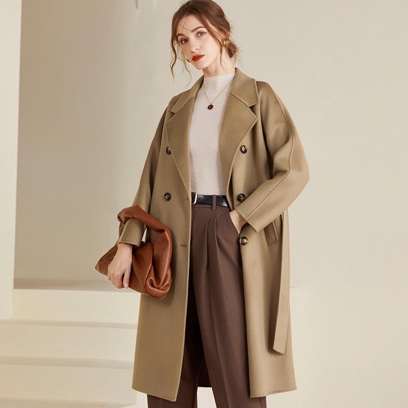 Women's Extra Long Double-Breasted Wool Coat with Tie Waist - Autumn/Winter Collection