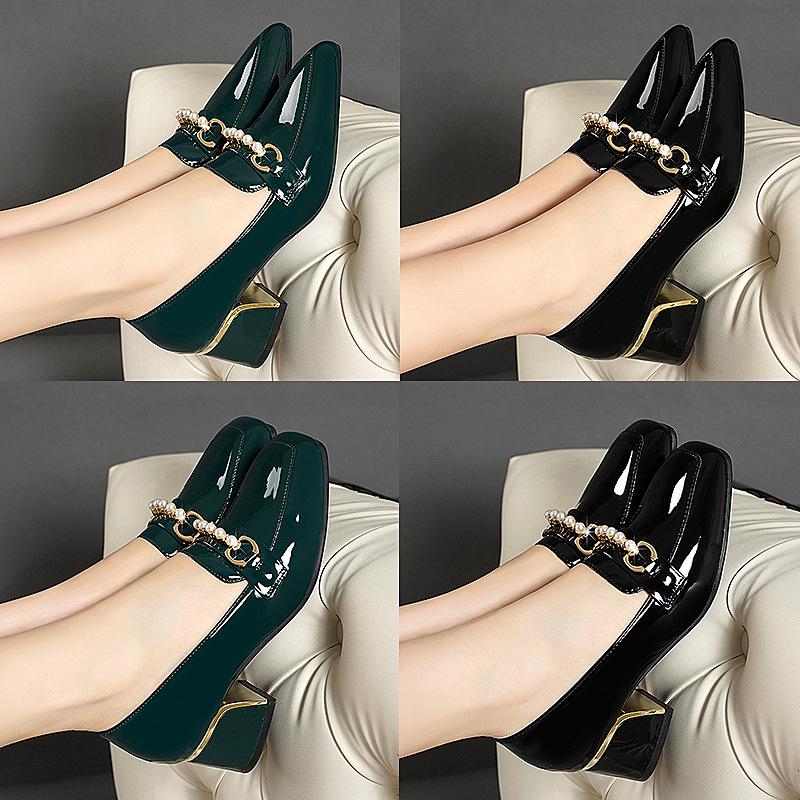 Women's Korean Style Soft Green Patent Leather Thick Heel Shoes - Comfortable, Non-Slip, Large Size.