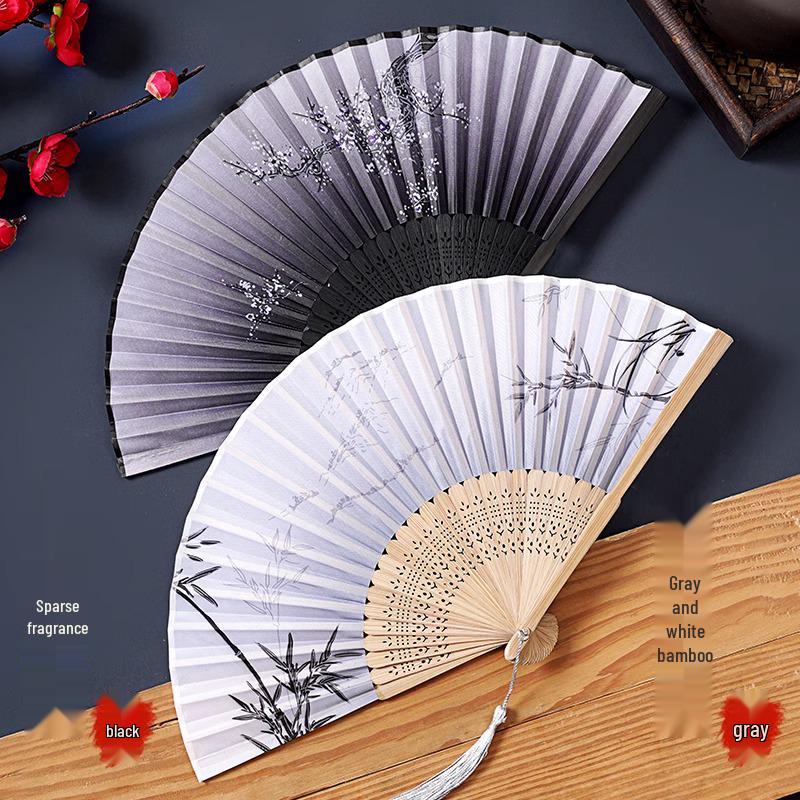 Ancient Chinese Style Black Bamboo Folding Fan for Women's Hanfu Dance Costume