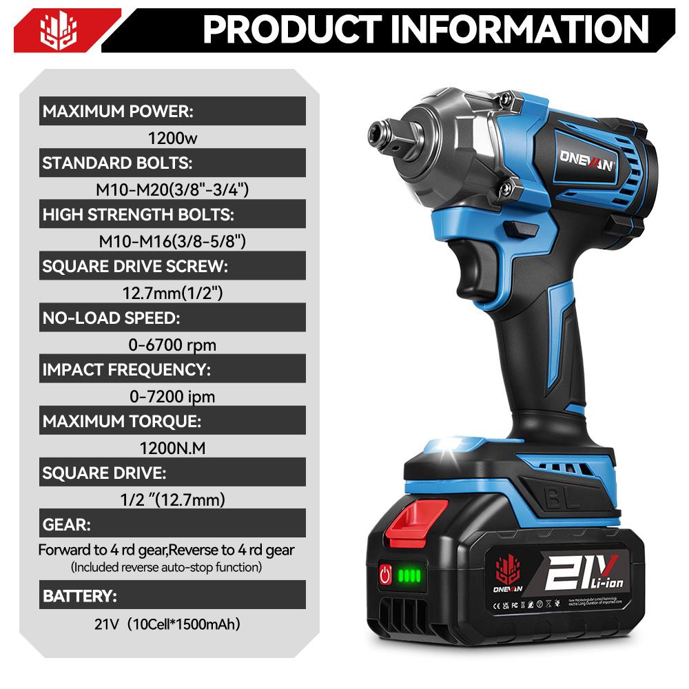 ONEVAN Bezuhlíková elektrická rázová utahovačka 3 funkce 1/2 palce Akumulátorový šroubovák Elektrická vrtačka pro baterii Makita 18V