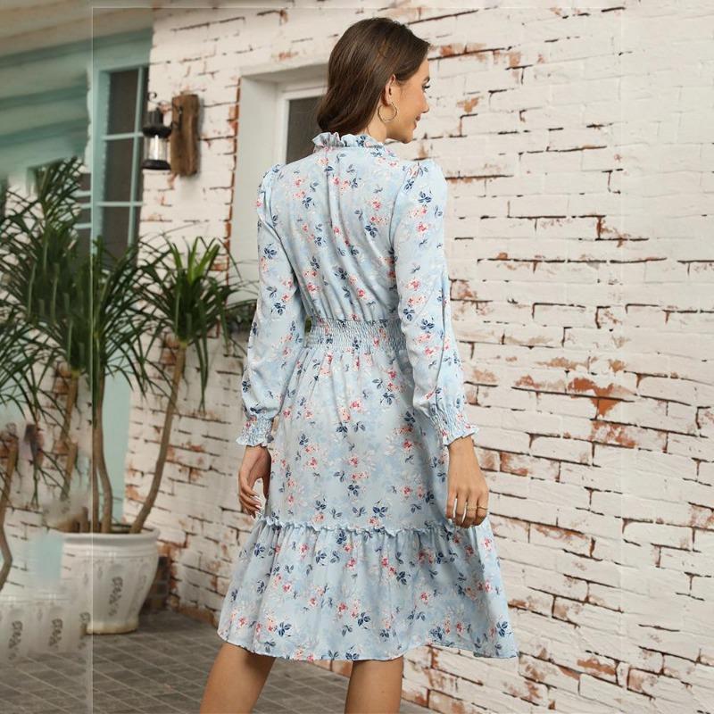 Autumn Winter Women Long Sleeve Print Elegant V-neck Casual A-Line Knee-Length High Waist Dress