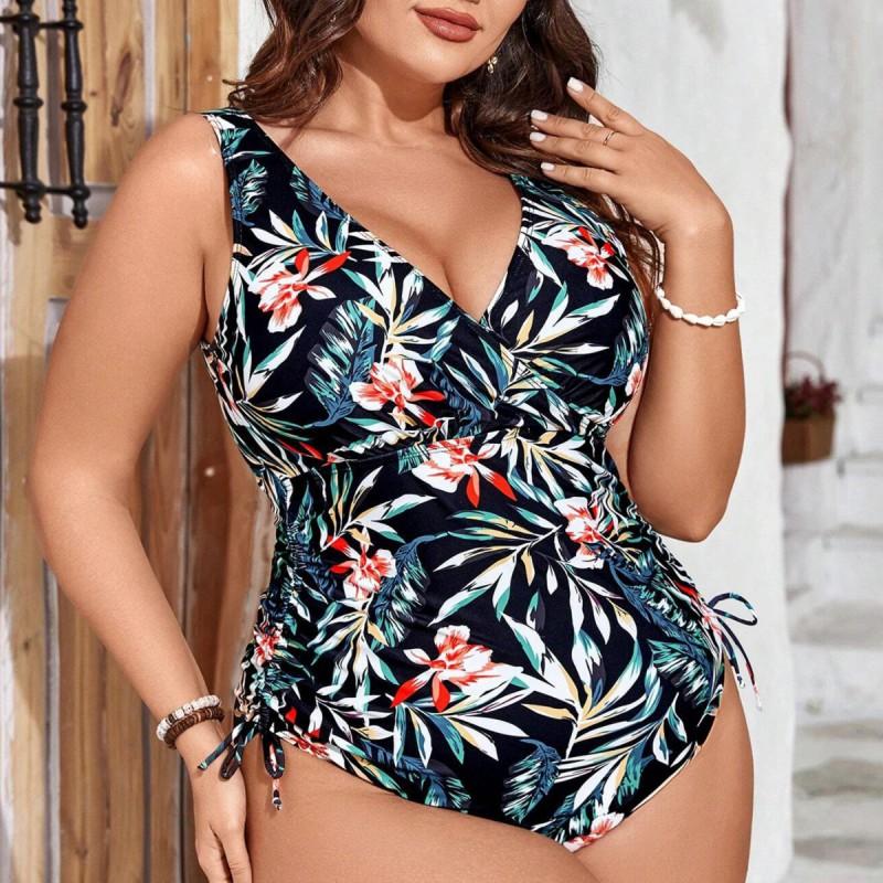 Plus Size Full Coverage Swimsuit With Print Tummy Control Wire-Free Padded Bodysuit Women