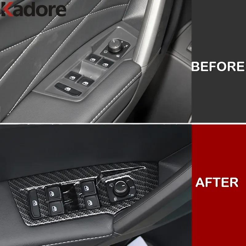 Car Door Armrest Window Lift Switch Button Panel Cover Trim For Volkswagen VW Tiguan 2017- Carbon Fiber Interior Accessories