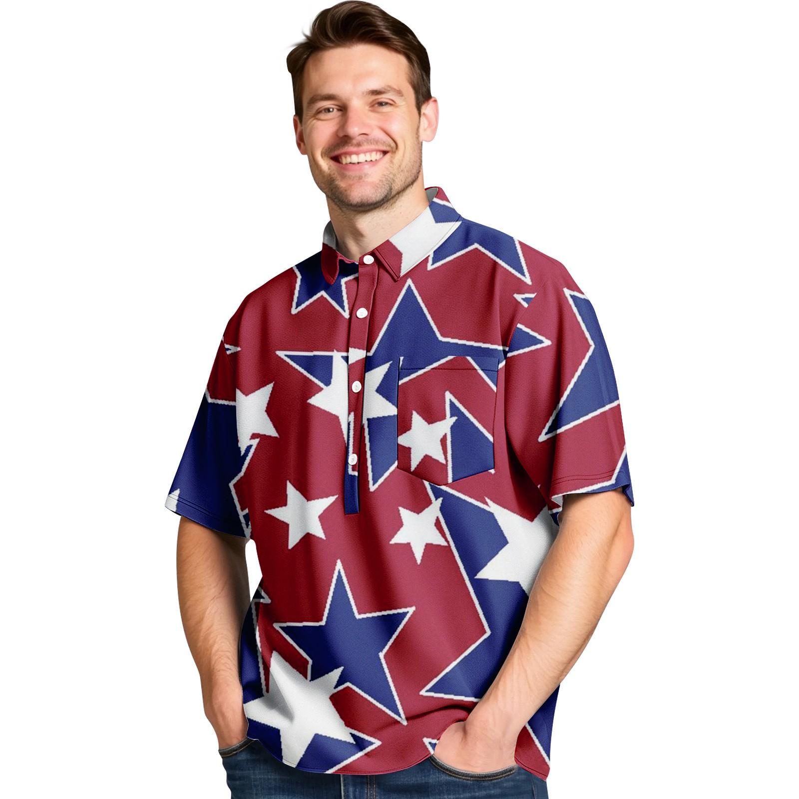 

Men s Summer Stars Four-sided Stretch Lapel Button Pocket Shirt Casual Sports Short-sleeved Top XXXL винний