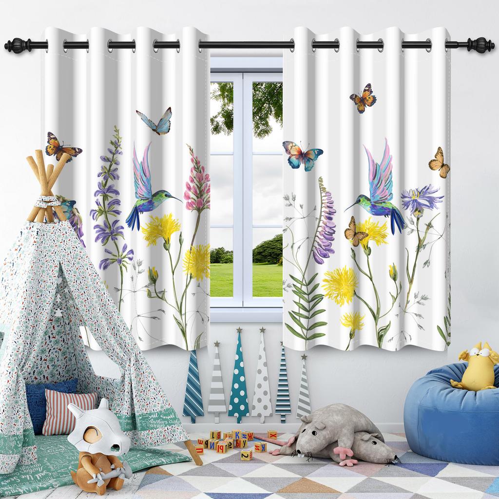 Butterfly Flowers Plants Blackout Curtain for Bedroom Living Room Cafe Apartment Window Kid's Room Hanging Drapes Polyester 2Pcs