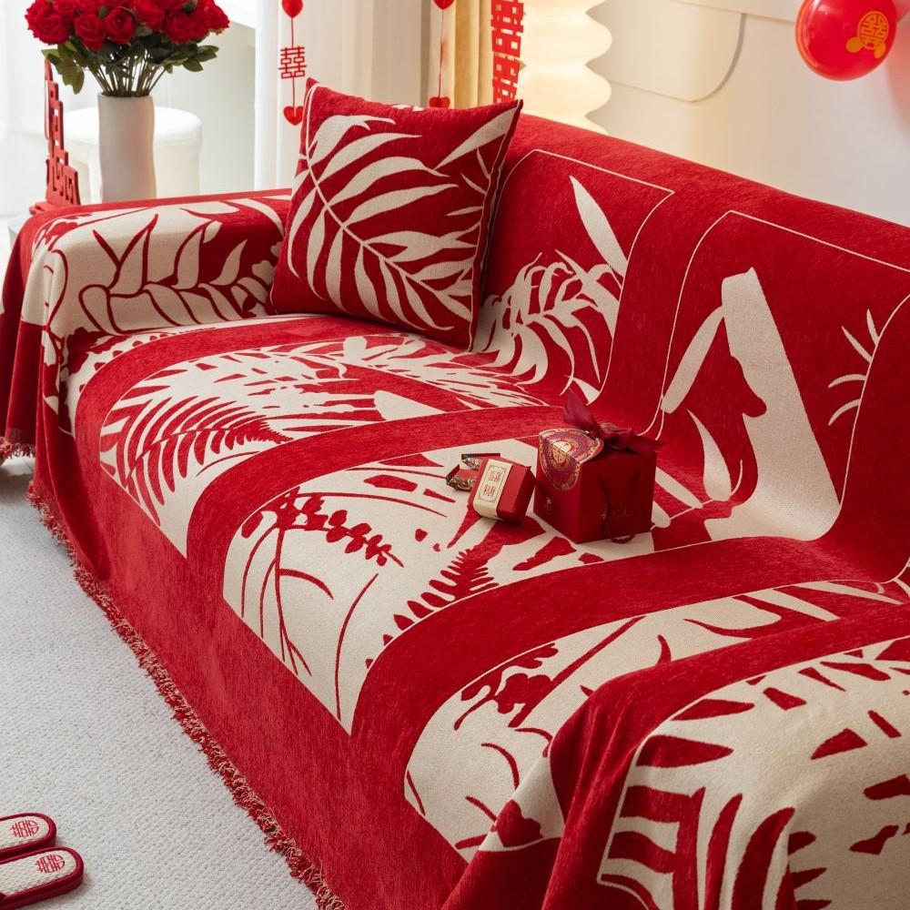 Chinese Wedding Sofa Cushion Cover Double Side Couch Cover Sofa Slipcover Universal Jubilant Anti-cat Sofa Cover 1.2.3.4 Seat