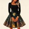 Women's Vintage Long Sleeve Square Neck Halloween Print Evening Dress for Party Occasions