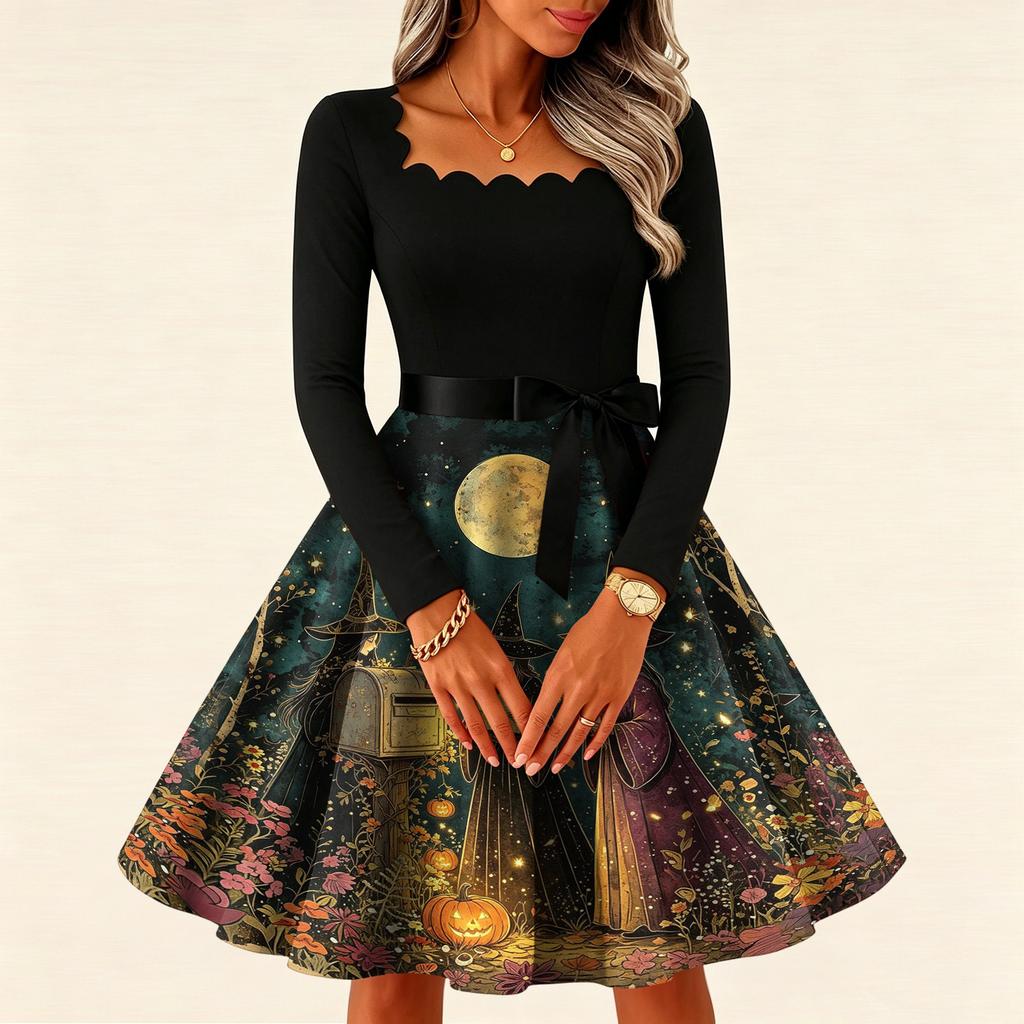 Women's Vintage Long Sleeve Square Neck Halloween Print Evening Dress for Party Occasions