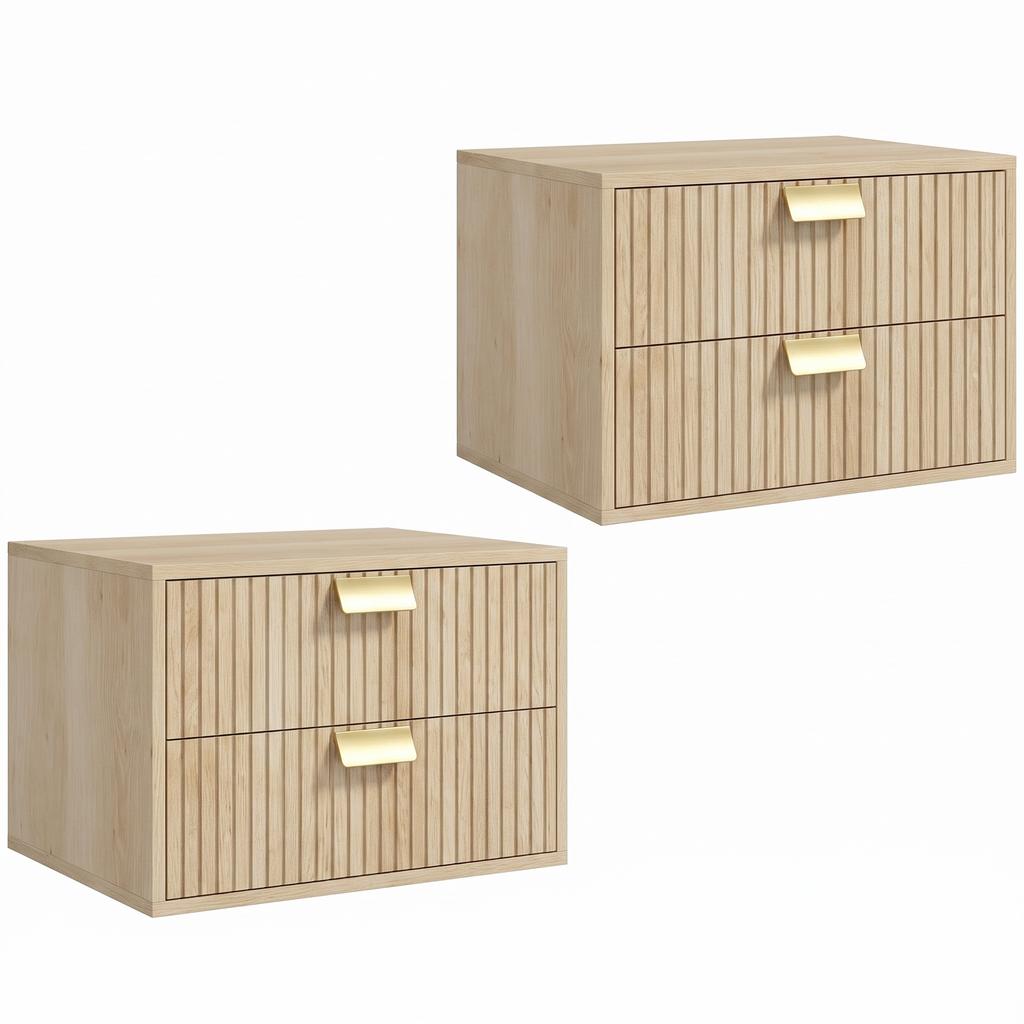 Modern Floating Nightstands Set Of 2 Wall Mounted Bedside Tables With 2 Drawers Oak