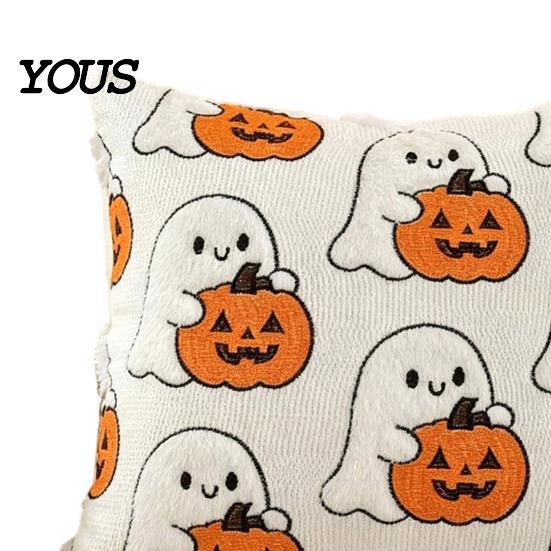 Cozy Bedroom Cushion Cover Ghost Pumpkin Cover, Halloween Throw Pillow Cute Gift Ideas Embroidered Case, Soft Plush Pillowcase for Couch Sofa Holiday