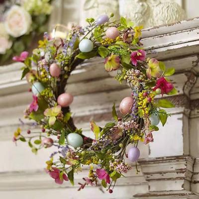 45cm Easter Eggs Wreath Rattan With Colorful Eggs Garland Swag Twist Green Leaves Holiday Hanging Decoration Garden Accessories