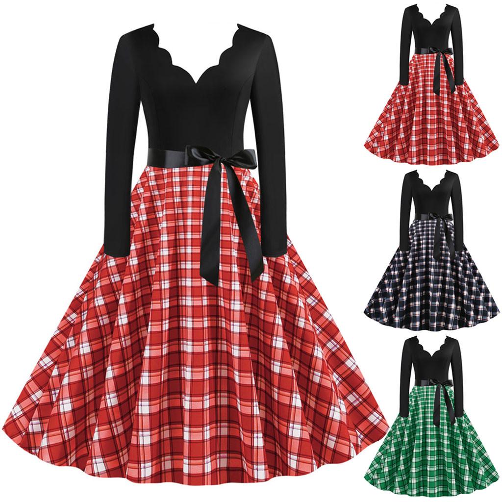 

Женское винтажное платье в клетку с длинным рукавом и принтом 1950-х годов для домохозяйки, вечернее платье для выпускного вечера