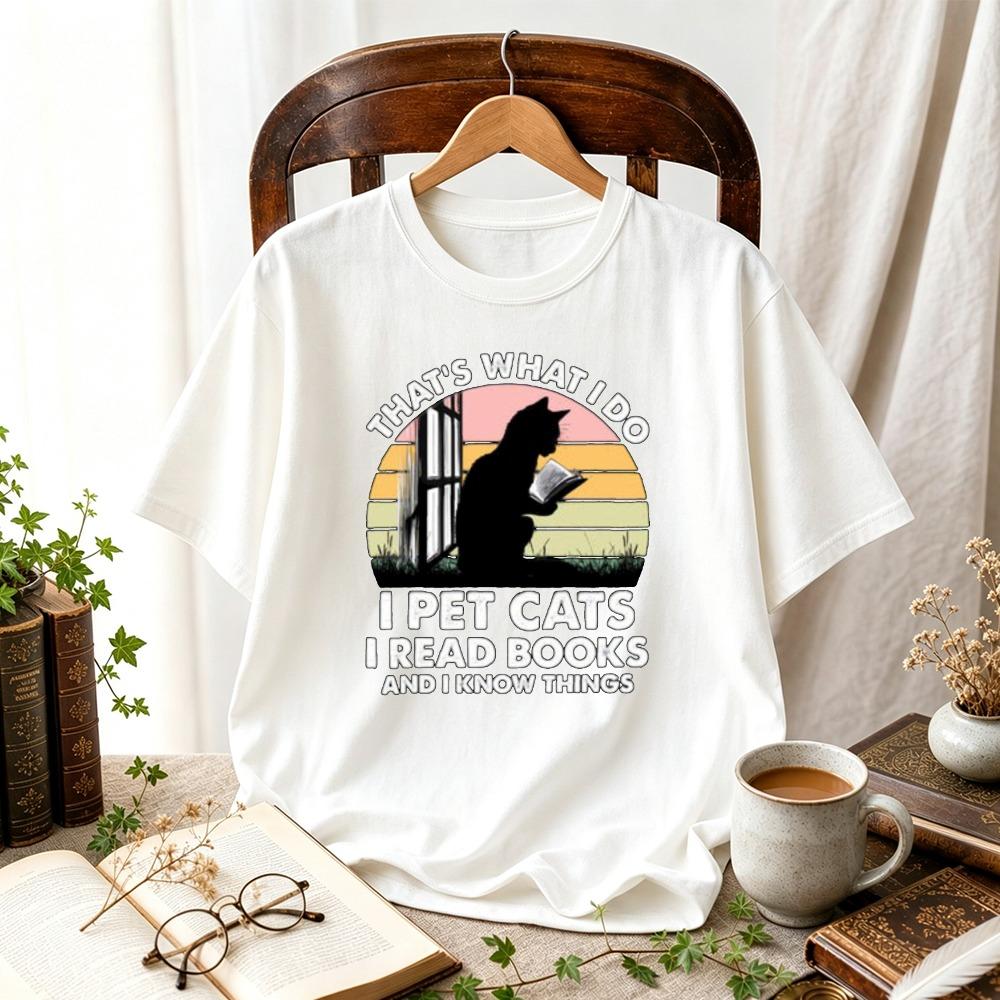 Thats What I Do Pet Cats Read Books and I Know Things TShirt Retro Sunset Reading Cat Silhouette Graphic Tee Bookworm Tops