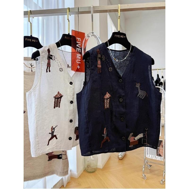 Women Cartoon Character And Animal Embroidered V Neck Button Front Linen Blend Sleeveless Vest