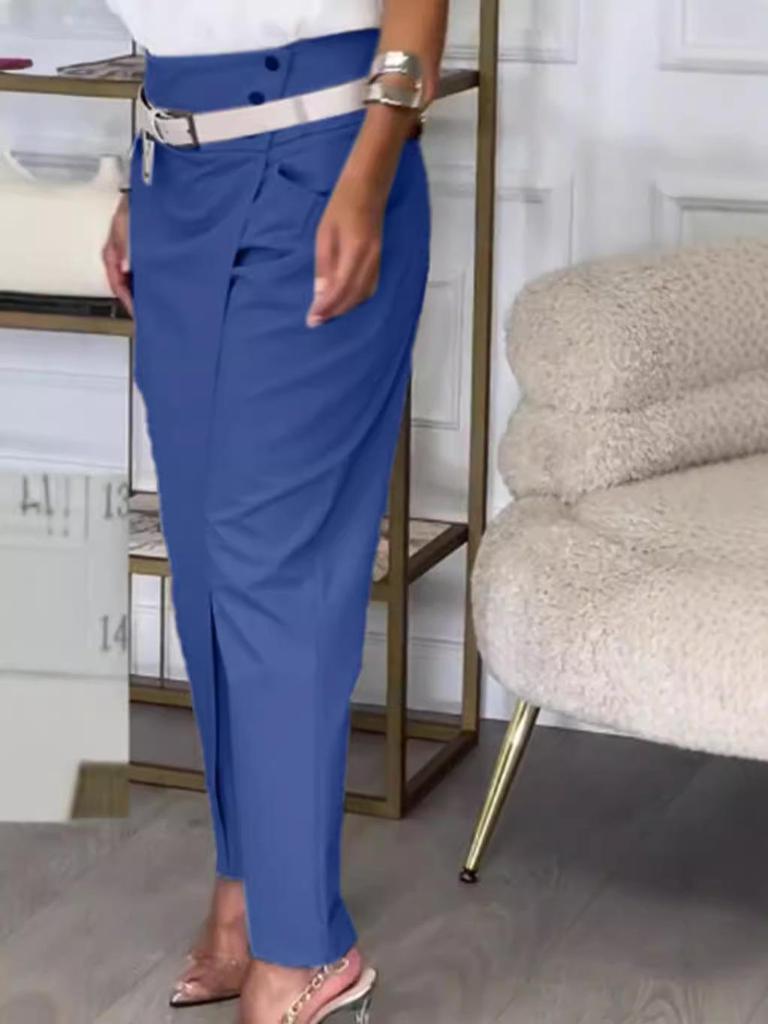 2024 Autumn Women's European & American Fashion Solid Color Irregular Casual Pants with Pockets