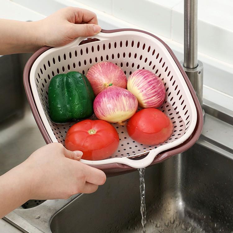 Colorblock Drain Basket Set: 6-Piece Double-Layer Plastic for Fruit & Vegetable Washing, Large Size